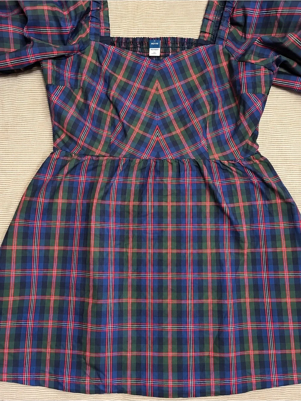 Old Navy L Petite Plaid Puff Sleeve Fit & Flare Mini Dress Tartan